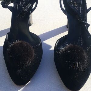 KATE SPADE BLACK VELVET PUMPS with MINK like POMPOMS